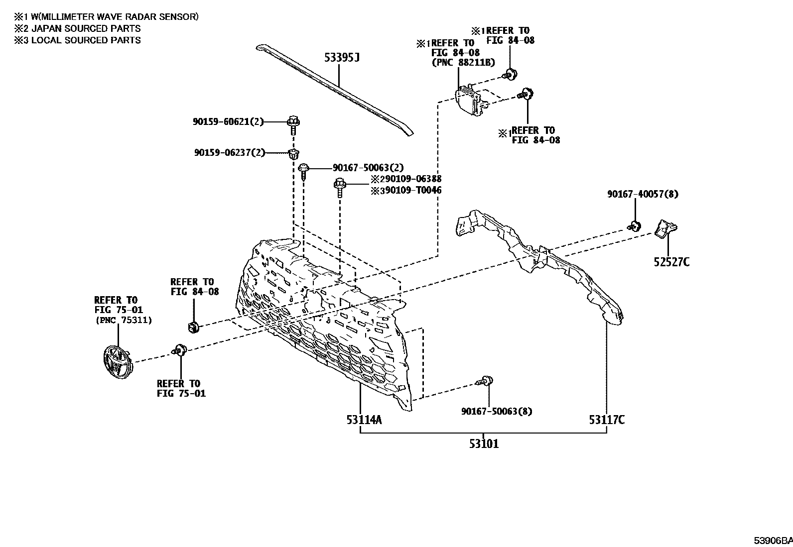 Toyota COROLLA radiator grille EPC diagram — 53906BA
