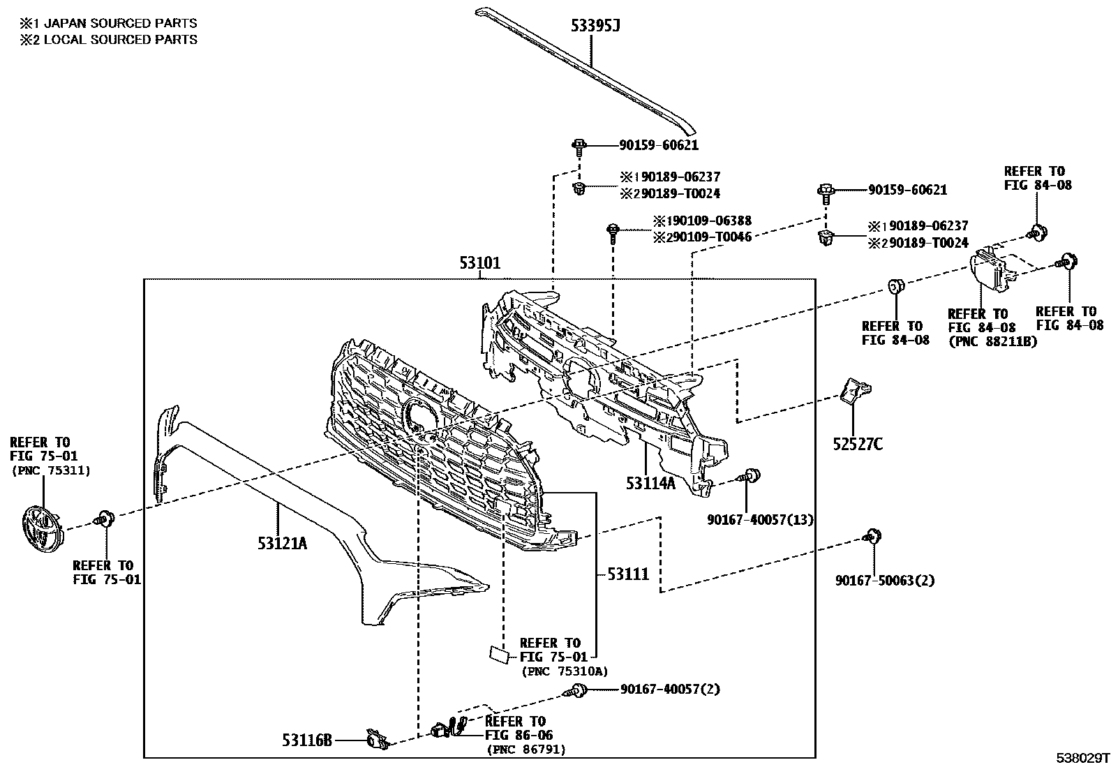 Toyota COROLLA radiator grille EPC diagram — 5390DT