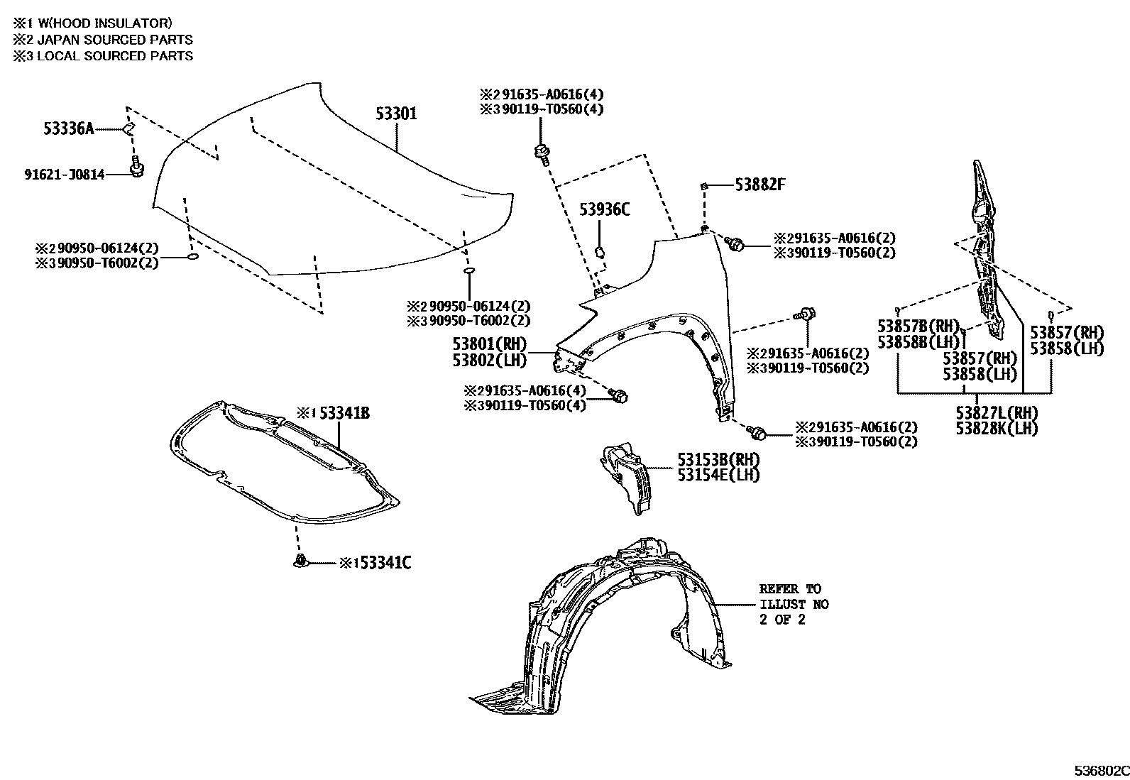 Toyota COROLLA 发动机盖和前翼子板 EPC diagram — 536802C