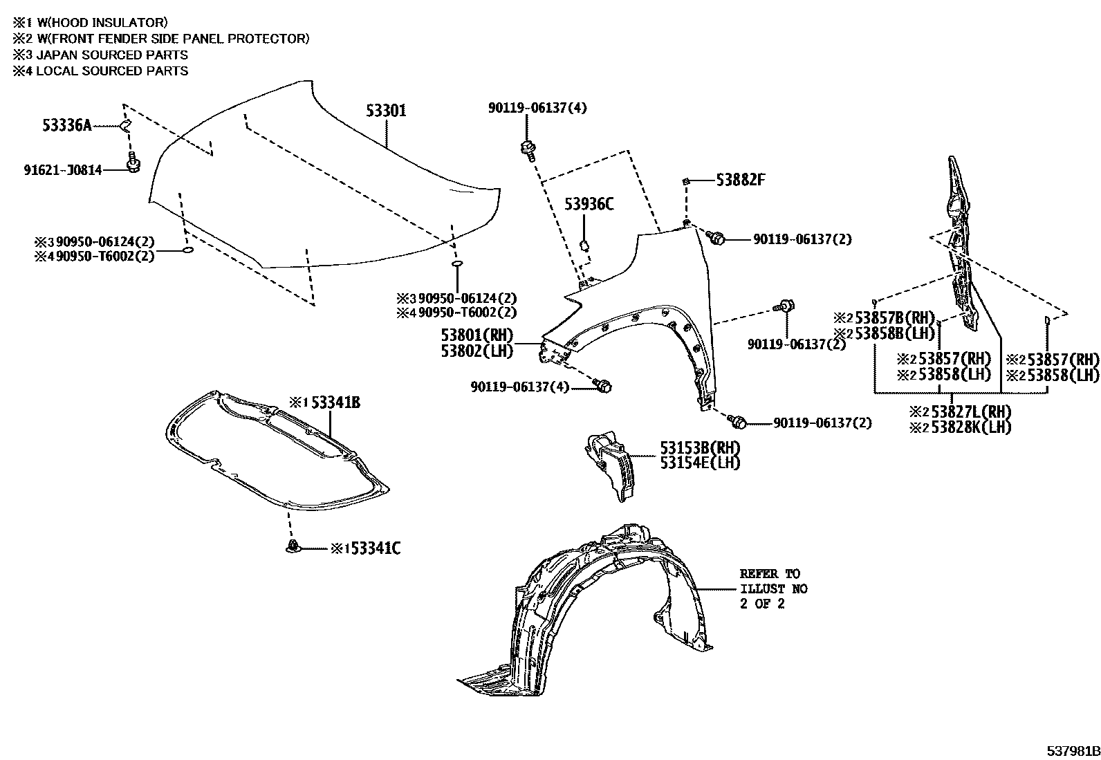 Toyota COROLLA 发动机盖和前翼子板 EPC diagram — 537981B