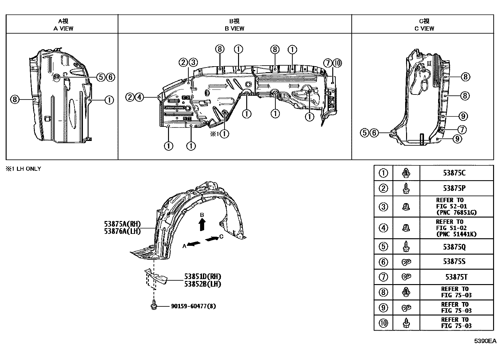 Toyota COROLLA 发动机盖和前翼子板 EPC diagram — 5390EA