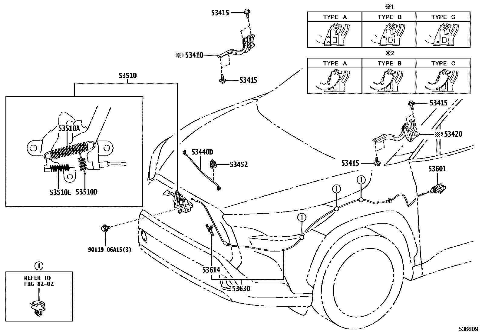 Toyota COROLLA 发动机盖锁和铰链 EPC diagram — 536809