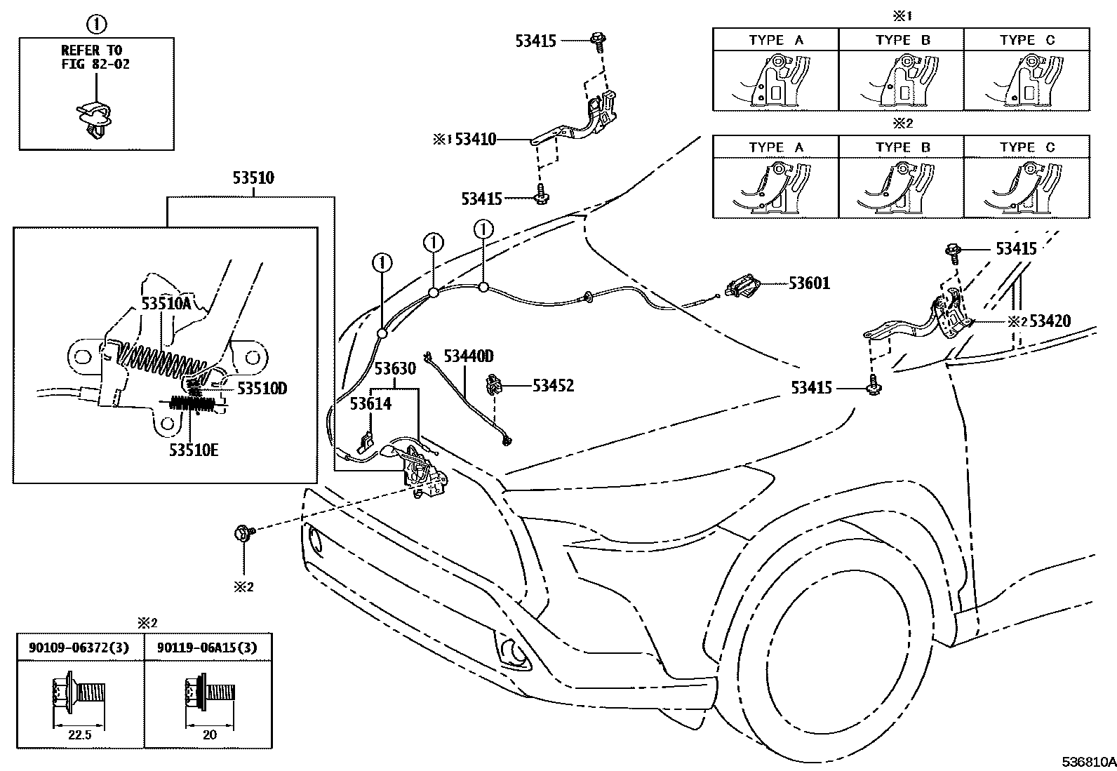Toyota COROLLA 发动机盖锁和铰链 EPC diagram — 536810A