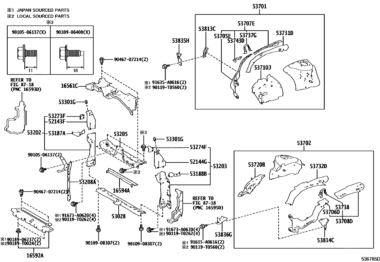Toyota COROLLA 前翼子板挡泥板和前围板 EPC diagram — 536785D