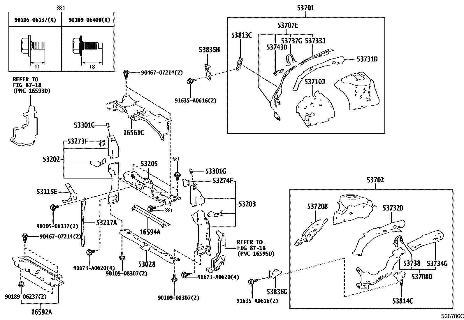 Toyota COROLLA 前翼子板挡泥板和前围板 EPC diagram — 536786C