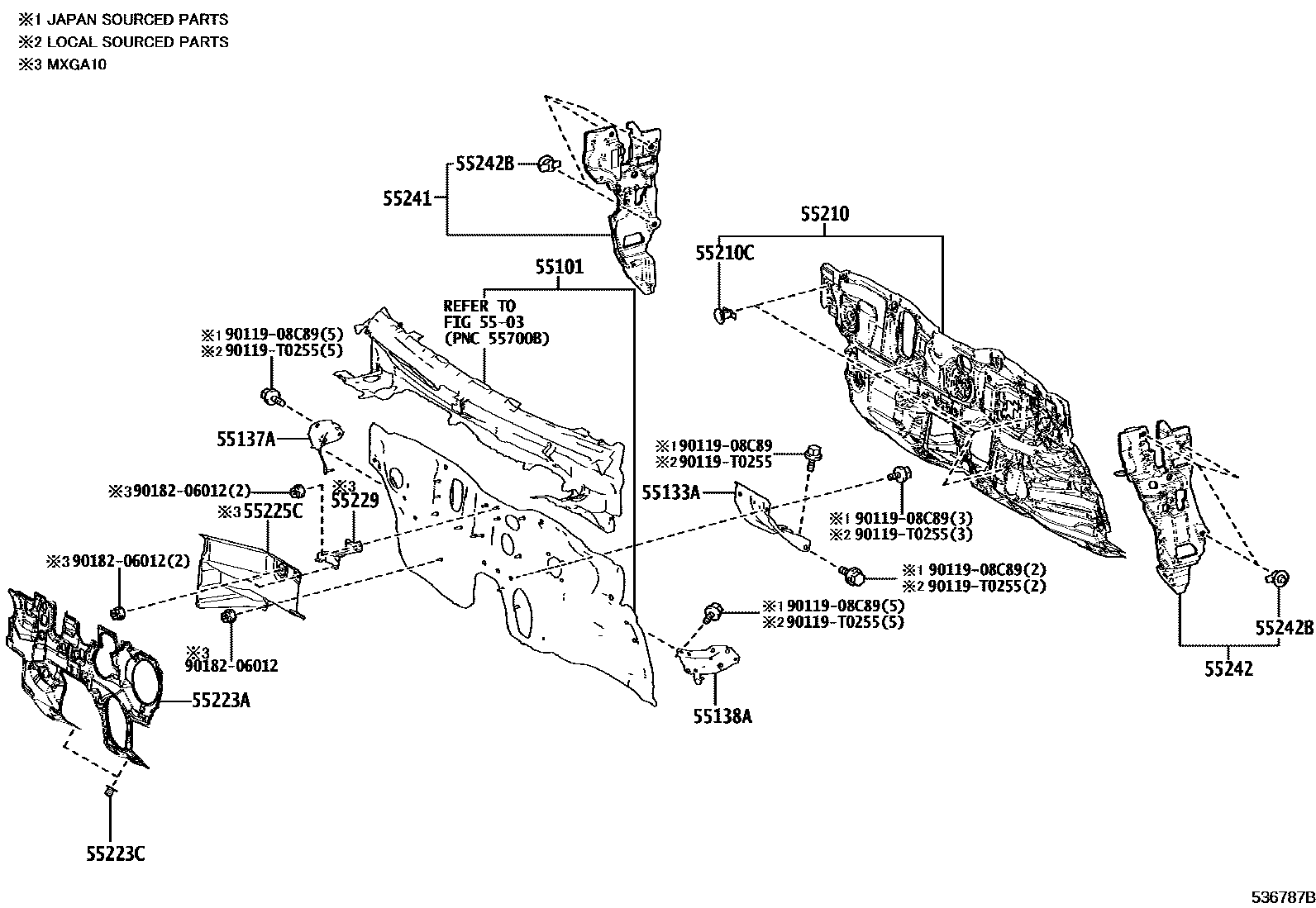 Toyota COROLLA 前翼子板挡泥板和前围板 EPC diagram — 536787B
