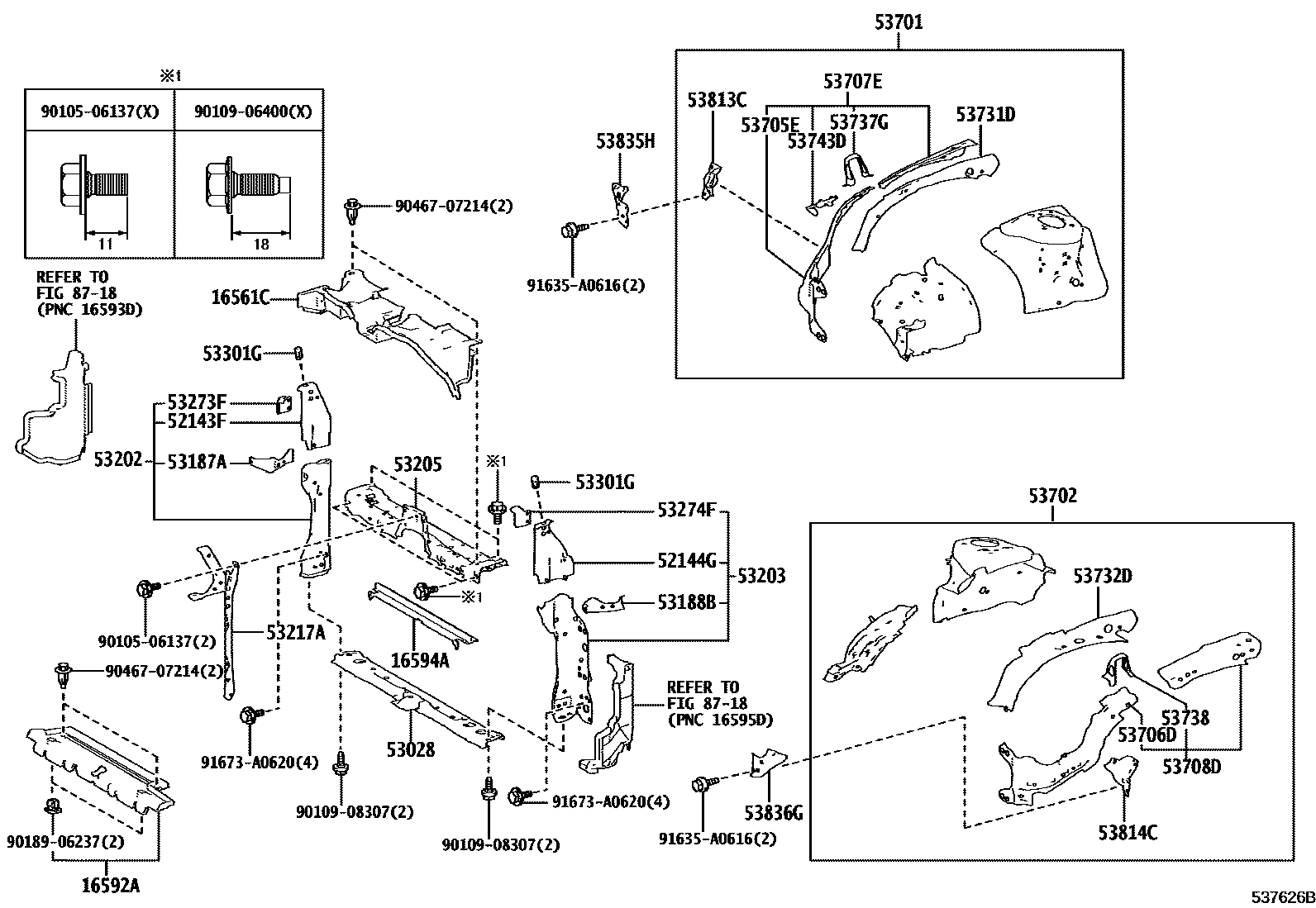 Toyota COROLLA 前翼子板挡泥板和前围板 EPC diagram — 537626B