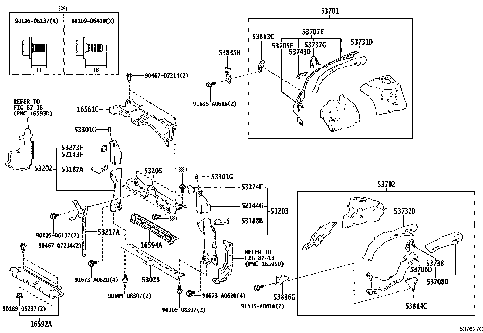 Toyota COROLLA 前翼子板挡泥板和前围板 EPC diagram — 537627C