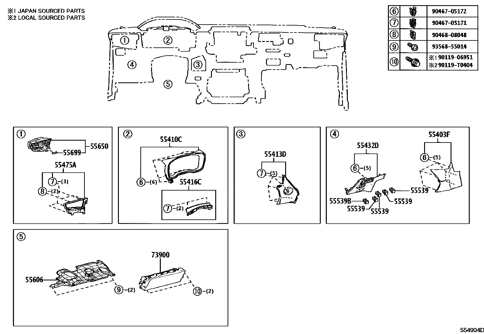 Toyota COROLLA 仪表板和手套箱 EPC diagram — 554904D