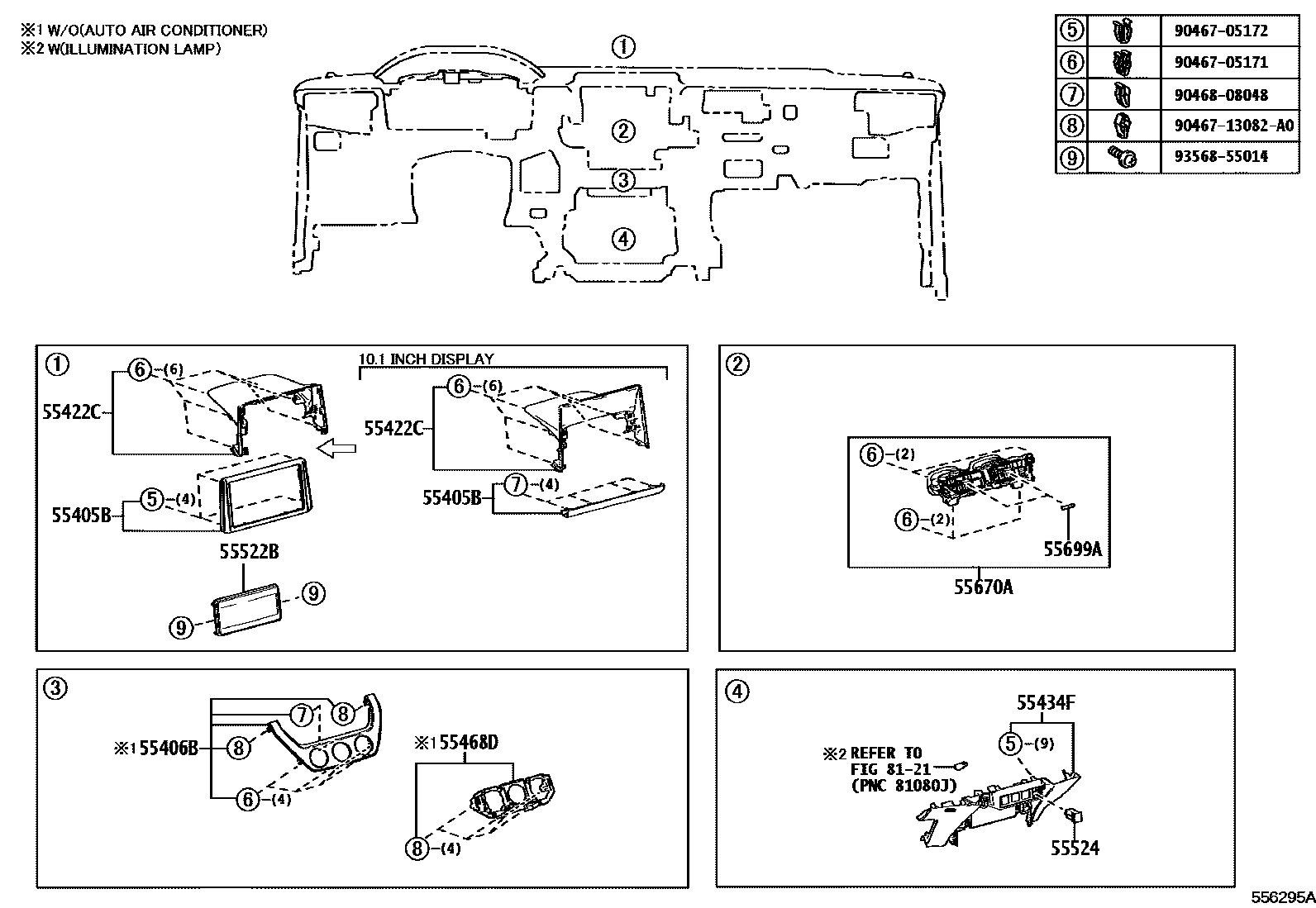 Toyota COROLLA 仪表板和手套箱 EPC diagram — 556295A