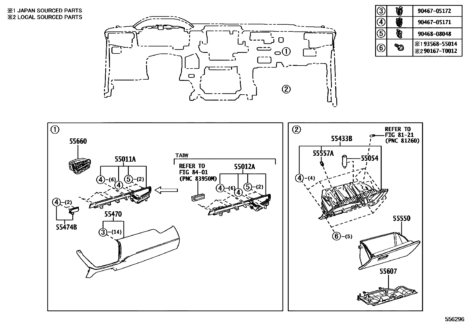 Toyota COROLLA 仪表板和手套箱 EPC diagram — 556296