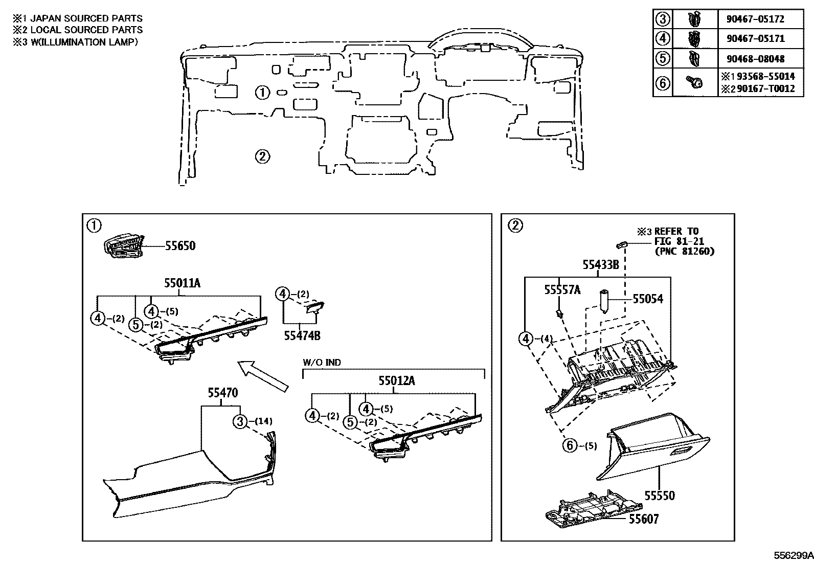 Toyota COROLLA 仪表板和手套箱 EPC diagram — 556299A