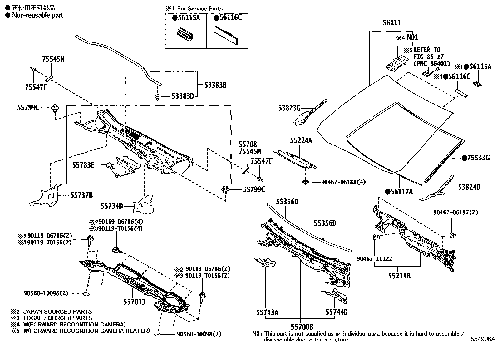 Toyota COROLLA 前围板和挡风玻璃 EPC diagram — 554906A