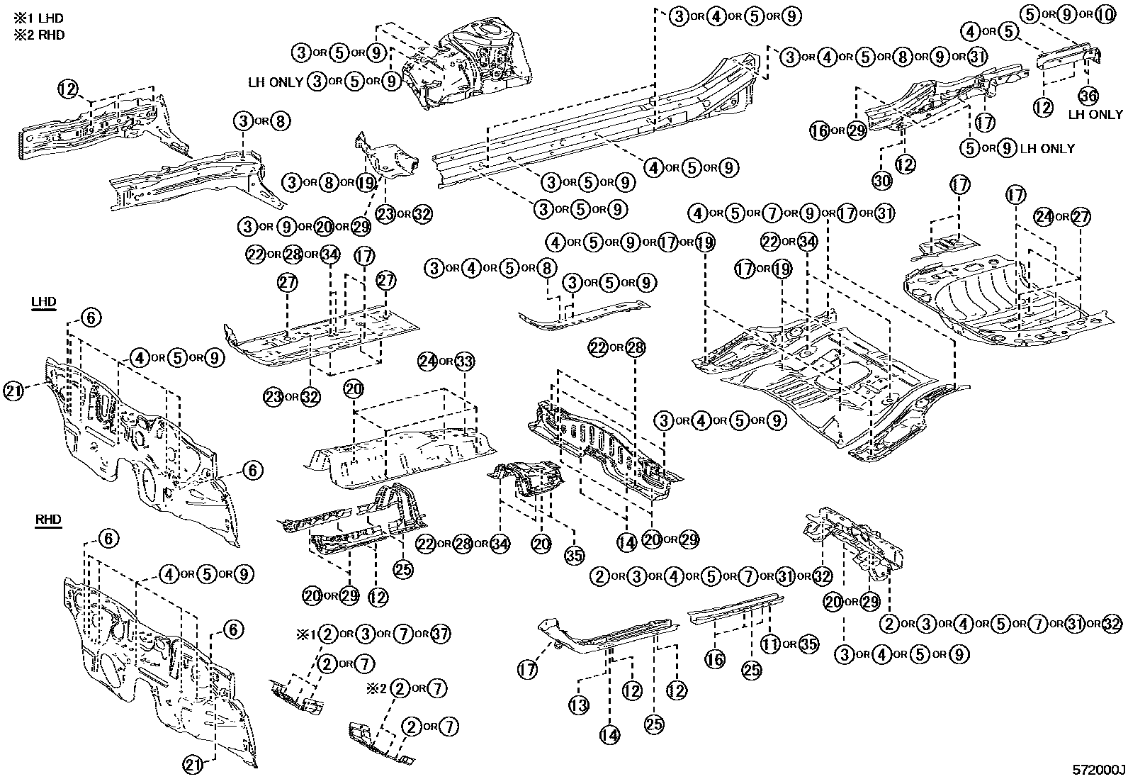 Toyota COROLLA hole plug EPC diagram — 572000J