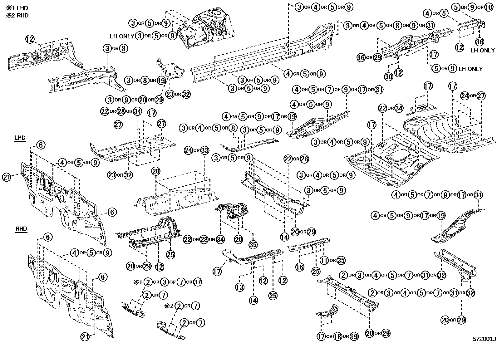 Toyota COROLLA hole plug EPC diagram — 572001J