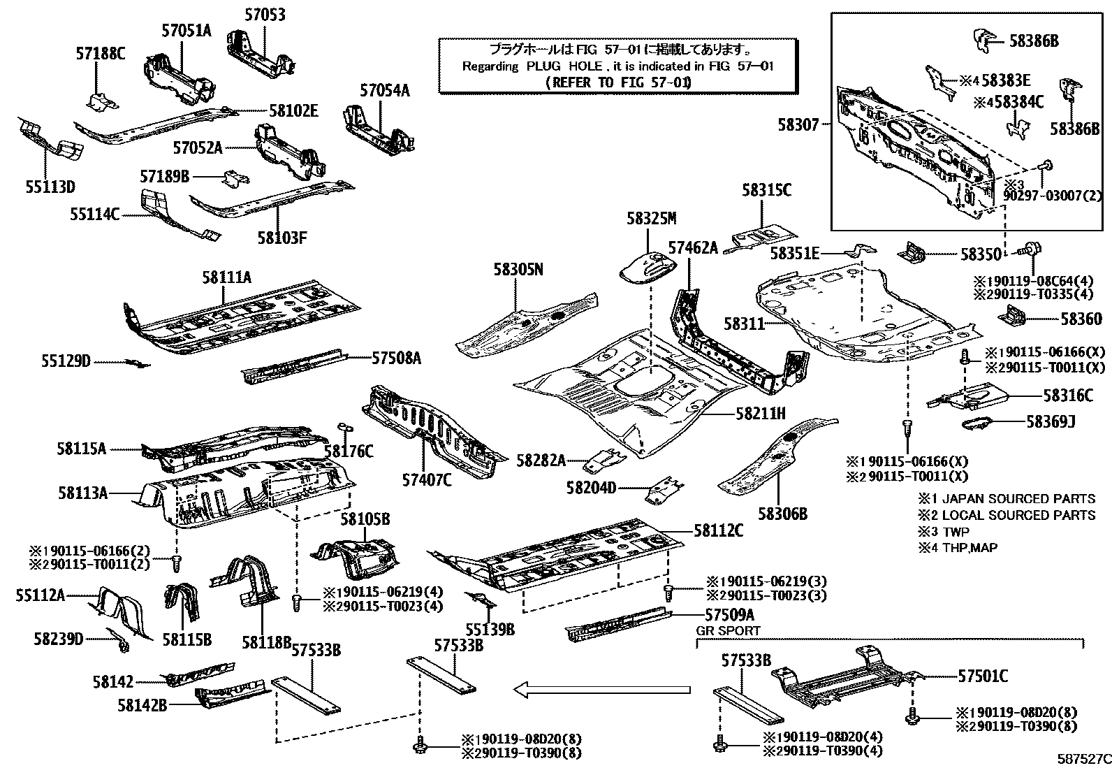Toyota COROLLA 浅盘形地板和车身下背板 EPC diagram — 587527C