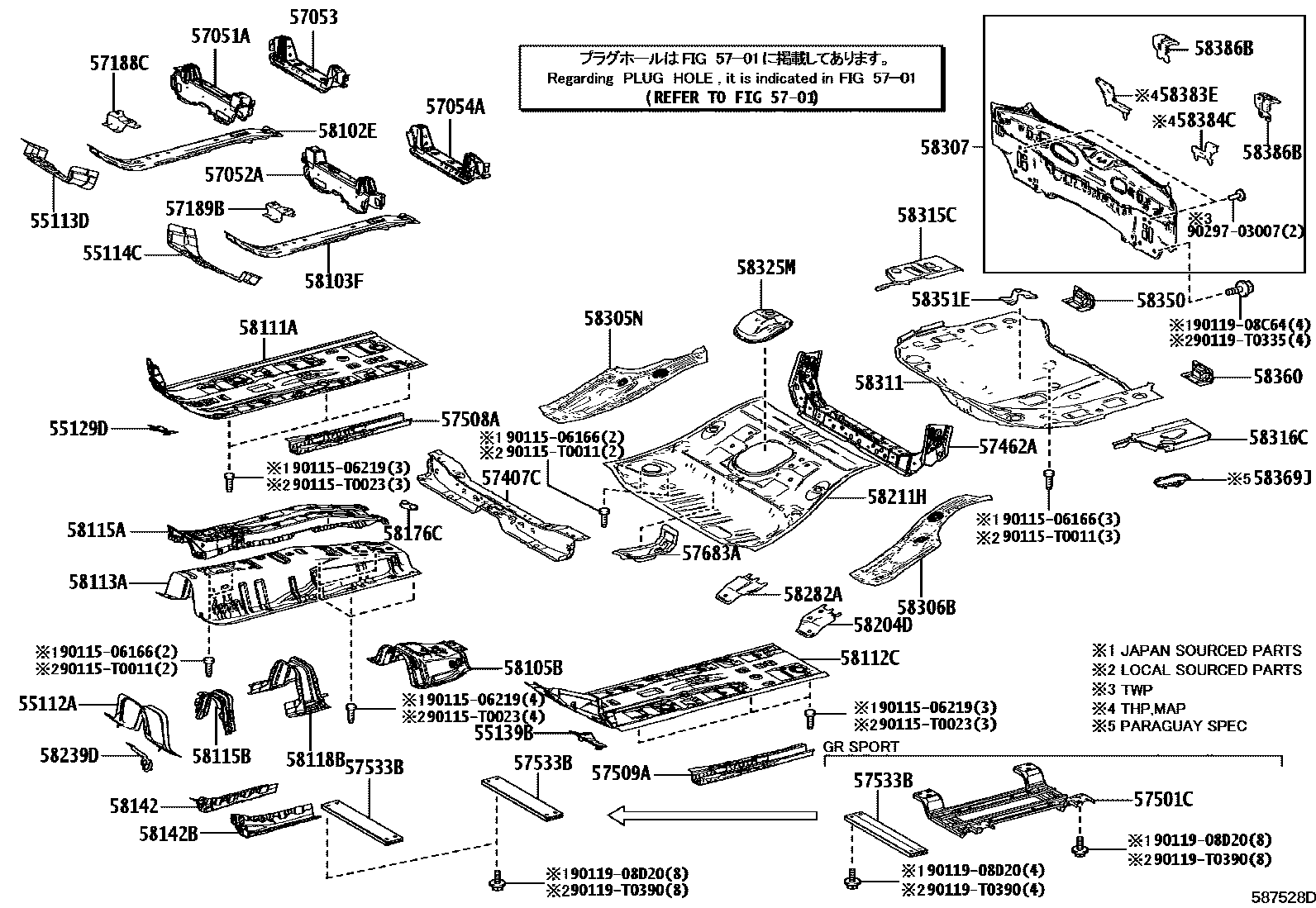 Toyota COROLLA 浅盘形地板和车身下背板 EPC diagram — 587528D