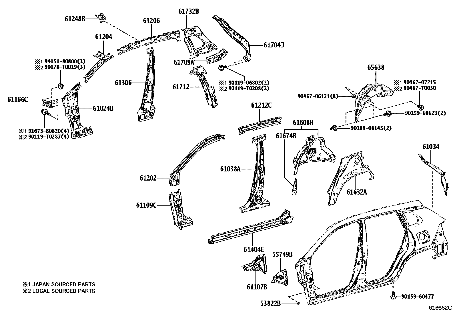 Toyota COROLLA 侧梁 EPC diagram — 616682C