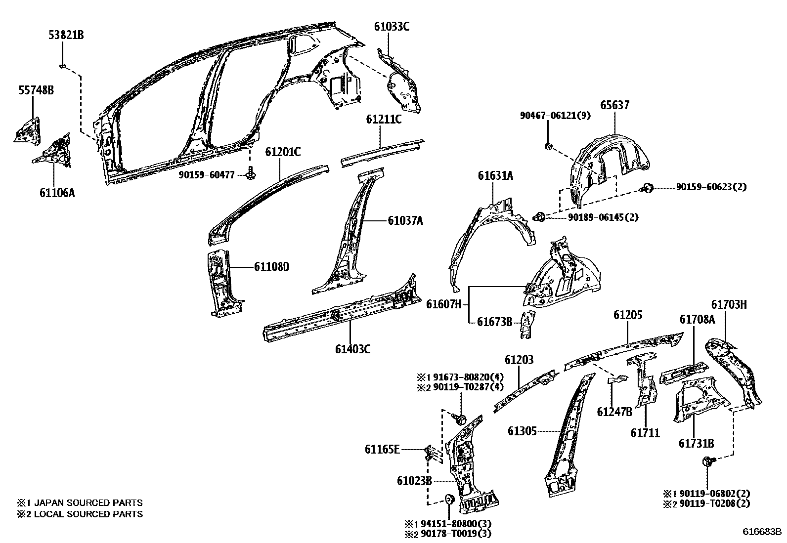 Toyota COROLLA 侧梁 EPC diagram — 616683B