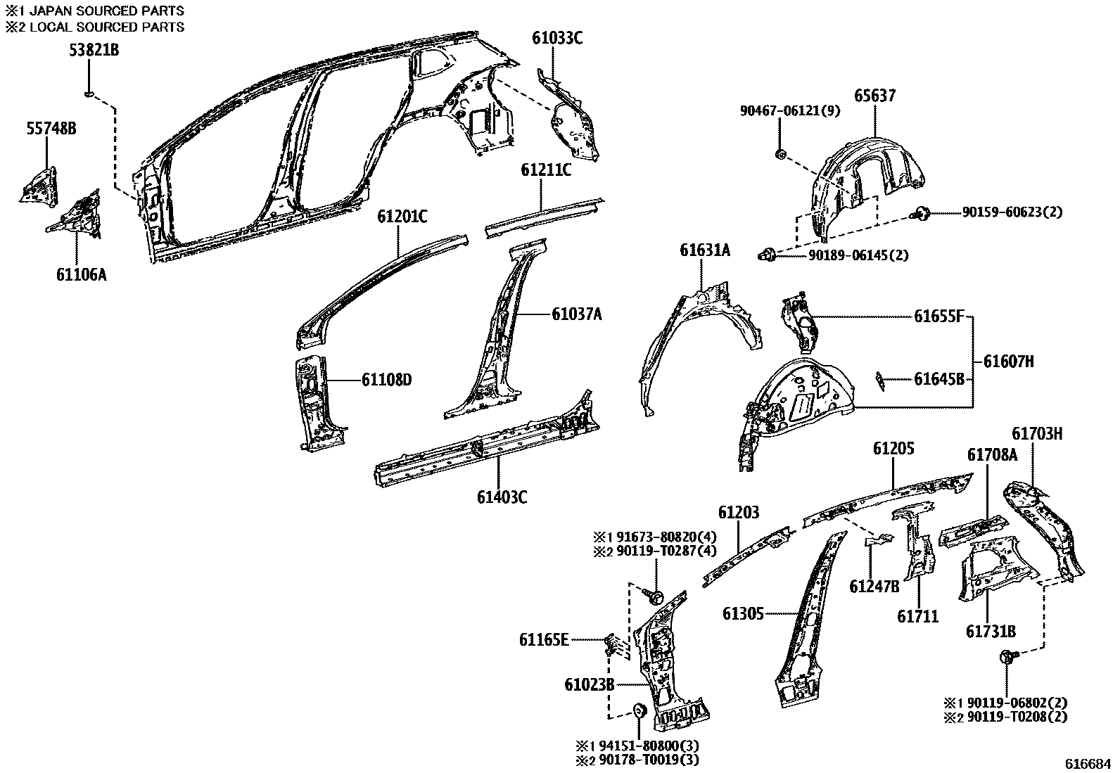 Toyota COROLLA 侧梁 EPC diagram — 616684