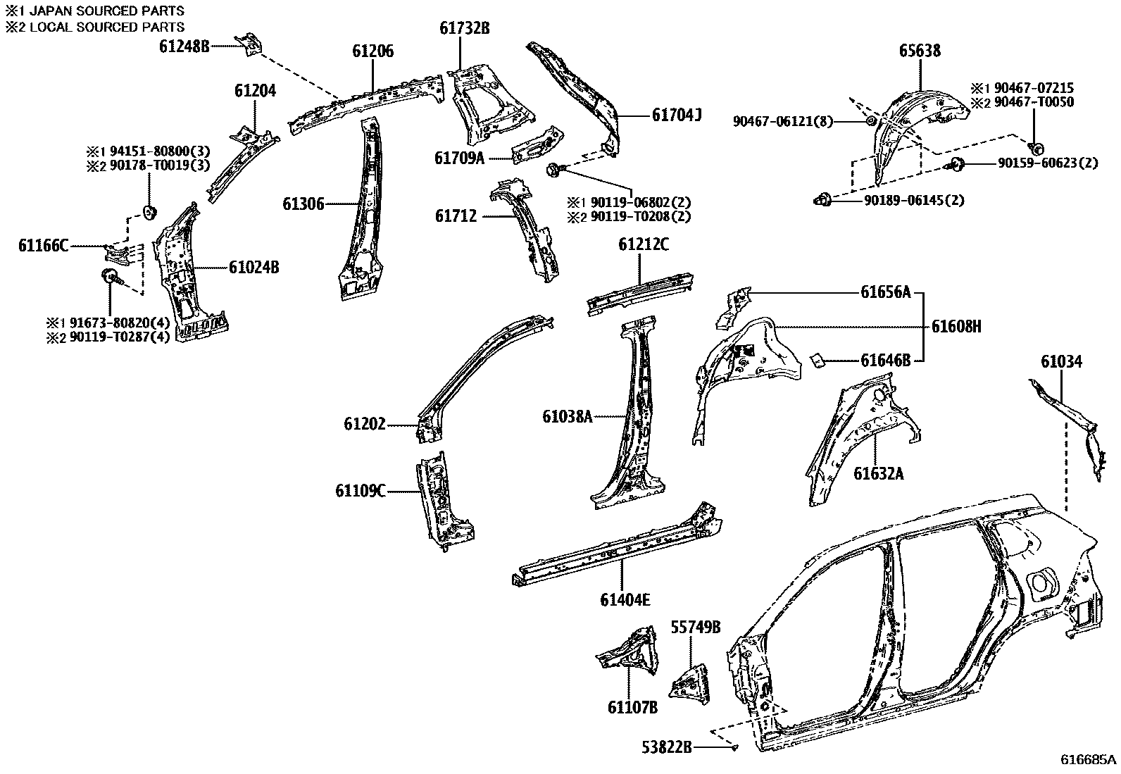 Toyota COROLLA 侧梁 EPC diagram — 616685A