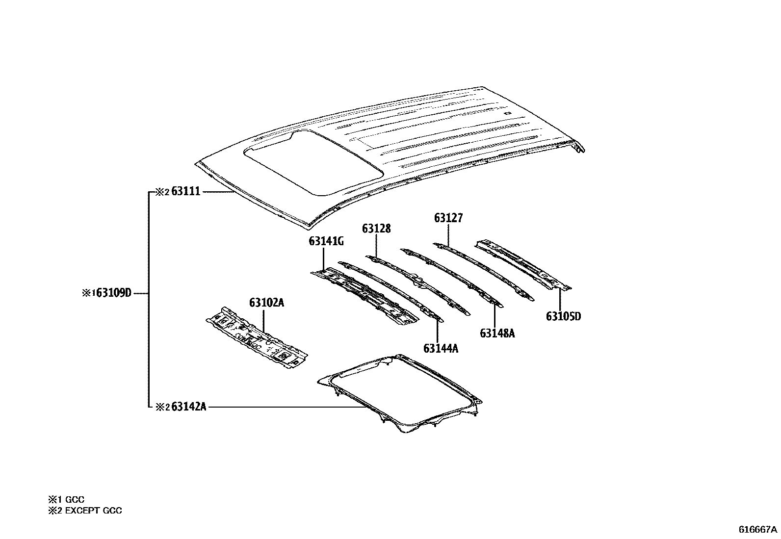 Toyota COROLLA 天窗板和背窗玻璃 EPC diagram — 616667A