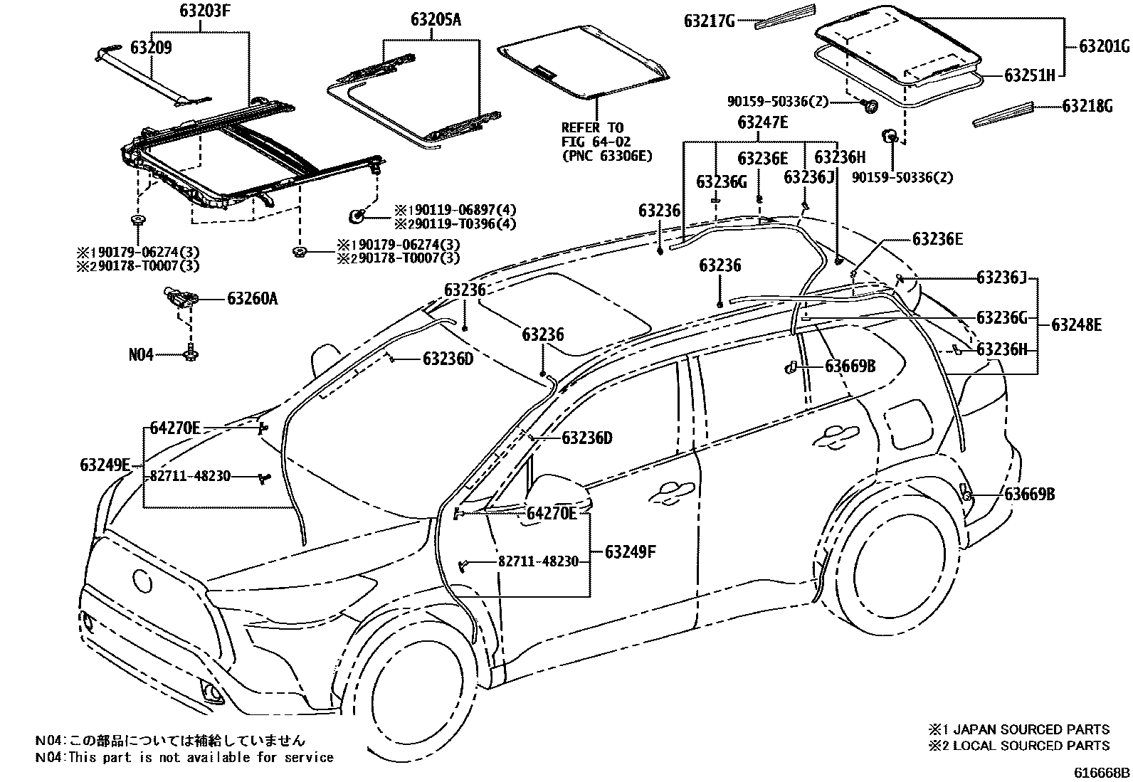 Toyota COROLLA 天窗板和背窗玻璃 EPC diagram — 616668B