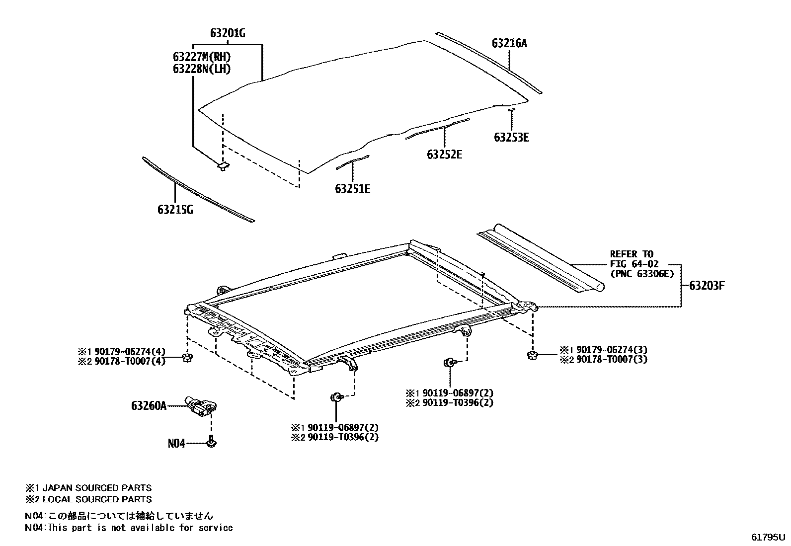 Toyota COROLLA 天窗板和背窗玻璃 EPC diagram — 61795U