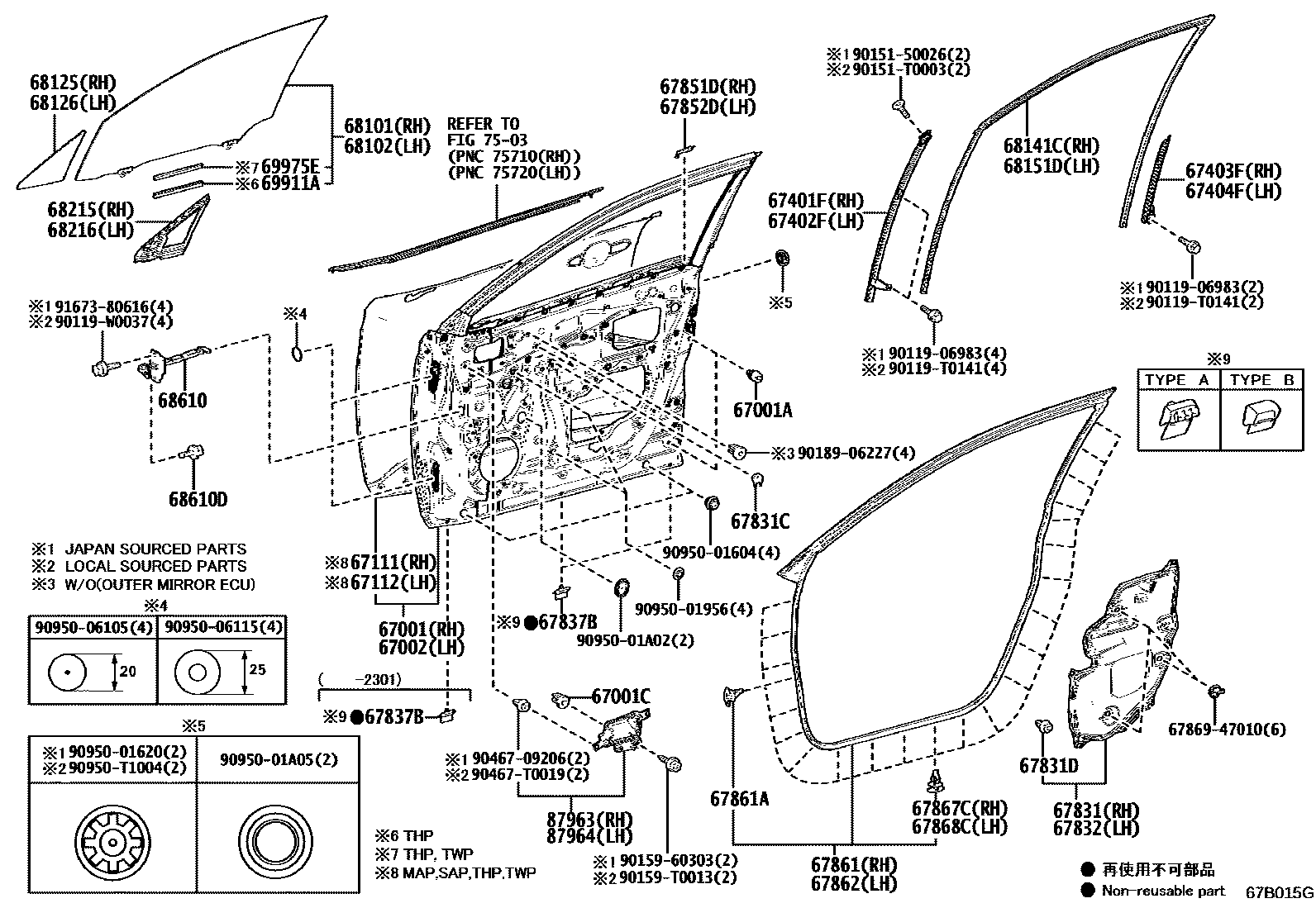 Toyota COROLLA 前门板和前门玻璃 EPC diagram — 67B015G