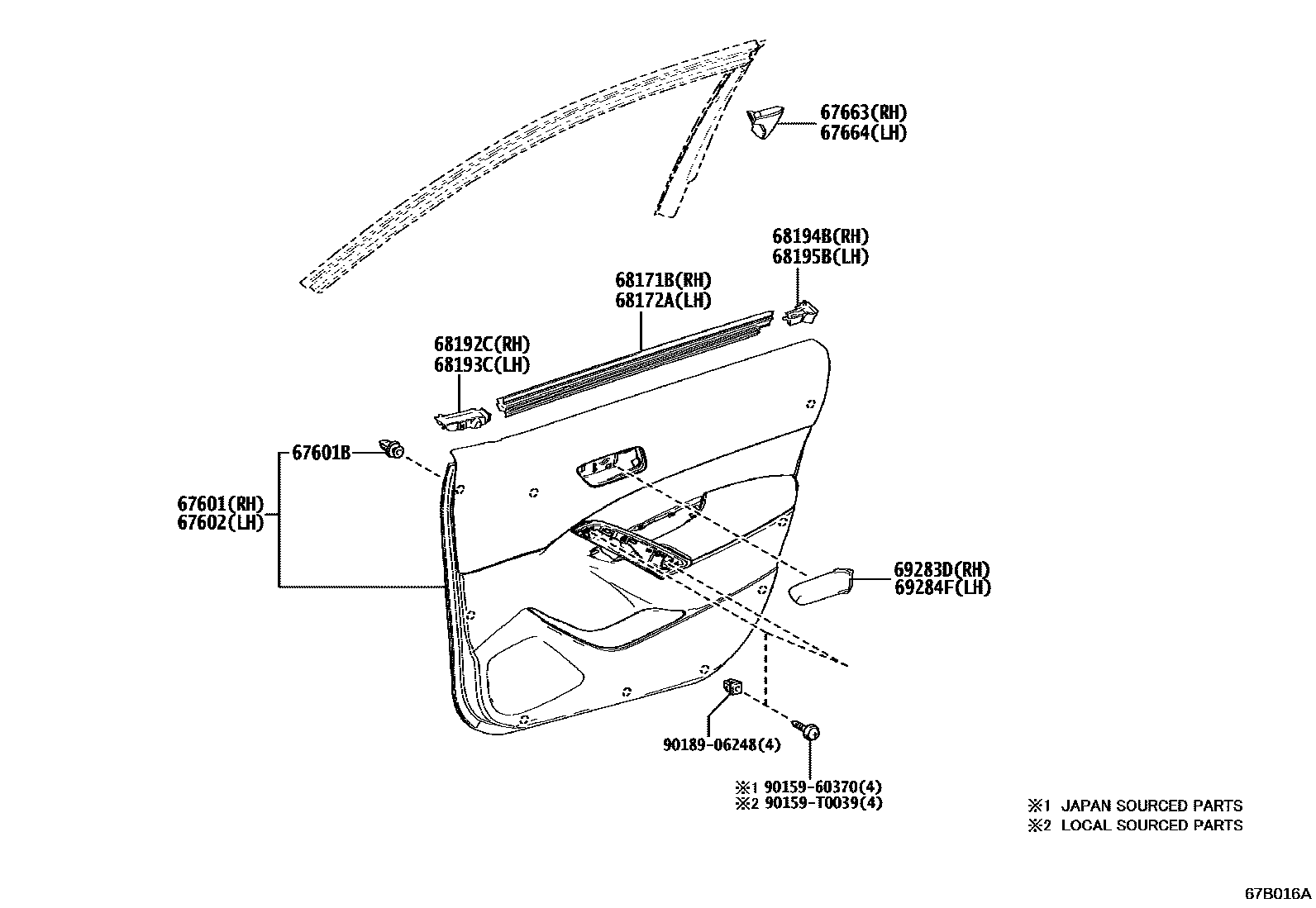 Toyota COROLLA 前门板和前门玻璃 EPC diagram — 67B016A