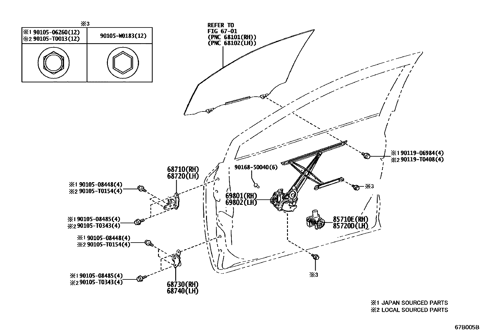 Toyota COROLLA 前门车窗升降器和合页 EPC diagram — 67B005B