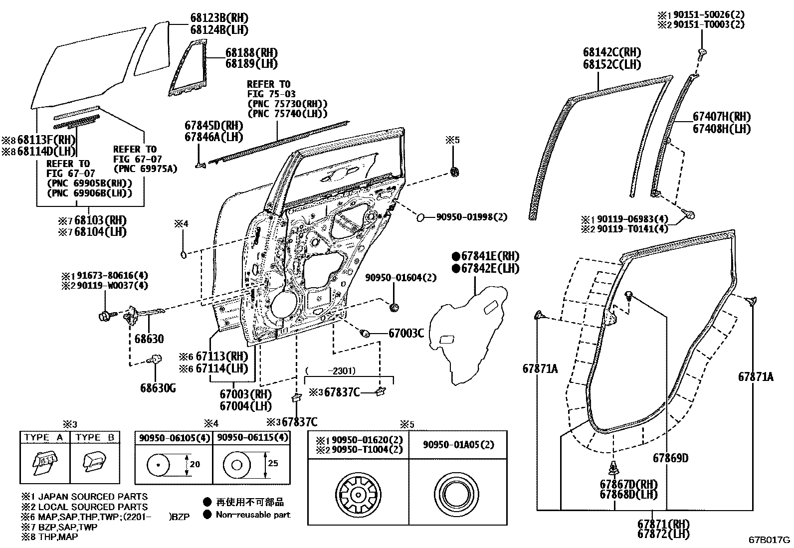Toyota COROLLA 后门板和后门玻璃 EPC diagram — 67B017G