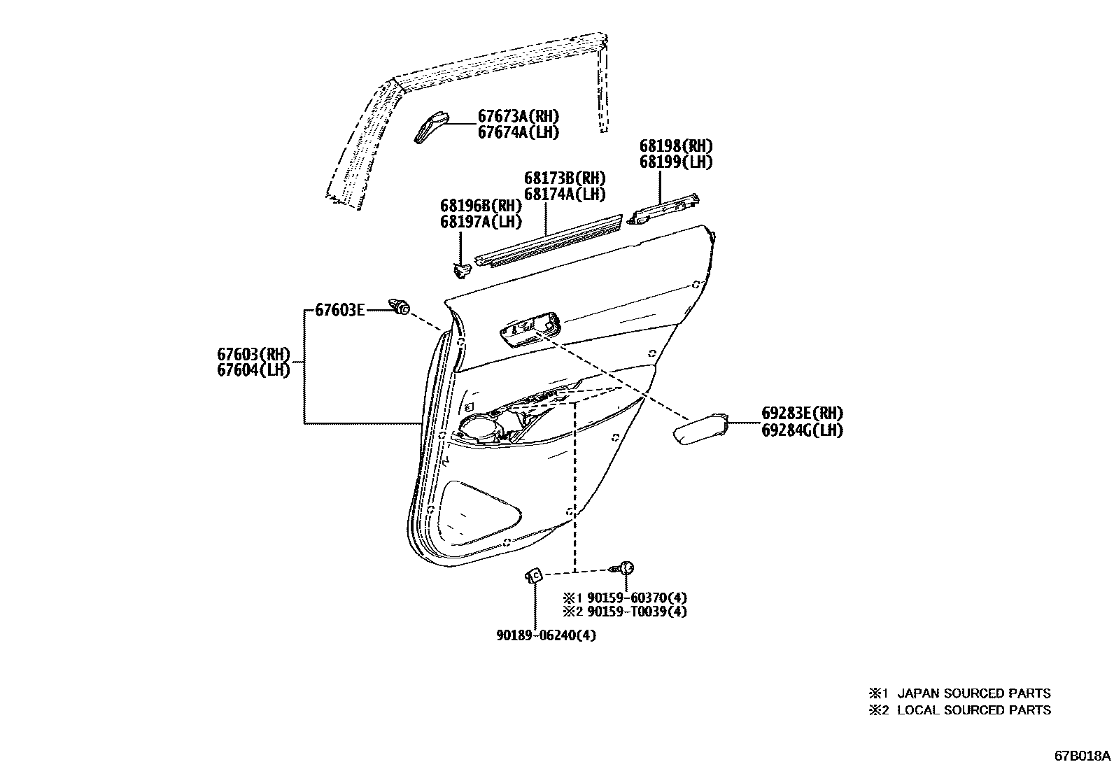 Toyota COROLLA 后门板和后门玻璃 EPC diagram — 67B018A