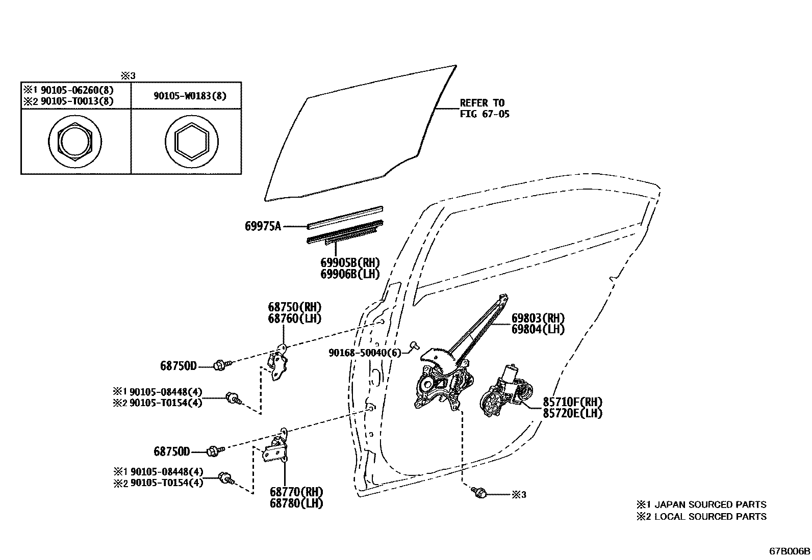 Toyota COROLLA 后门车窗升降器和合页 EPC diagram — 67B006B