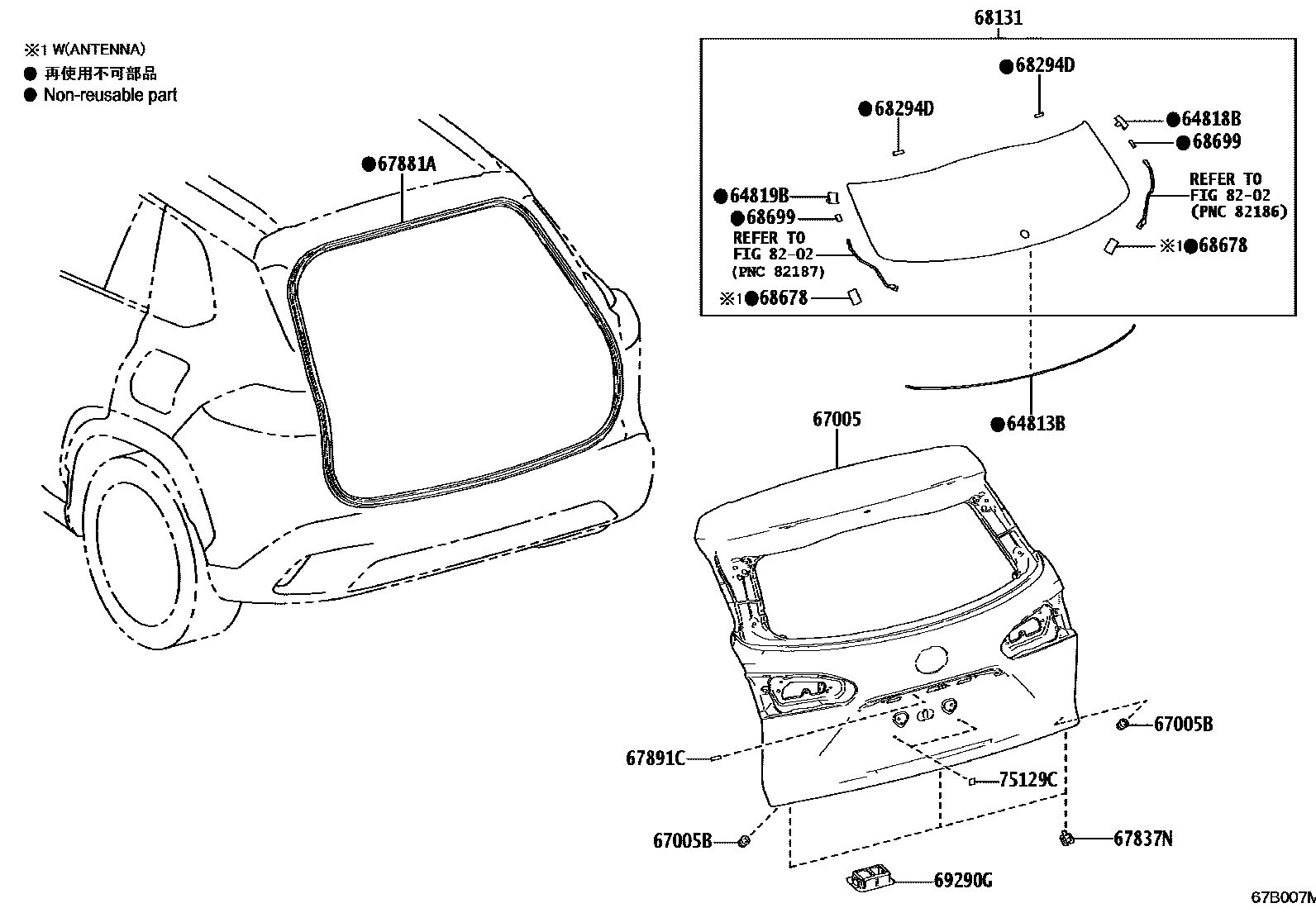Toyota COROLLA 背门板和背门玻璃 EPC diagram — 67B007M