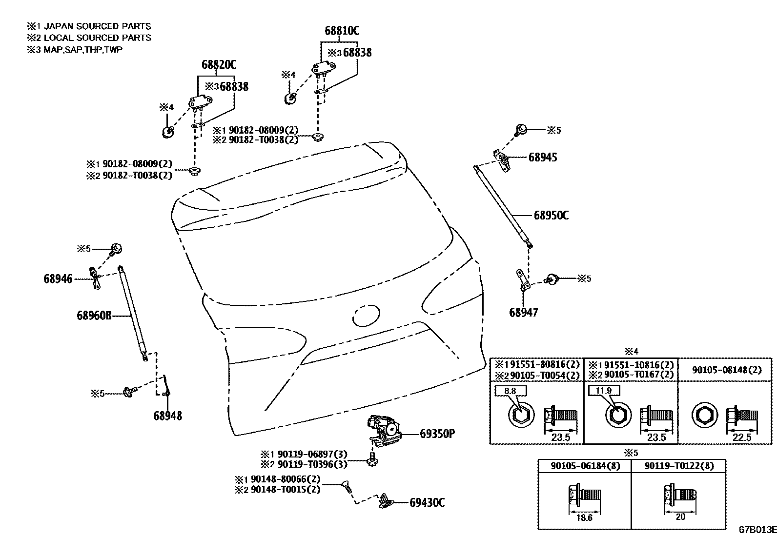 Toyota COROLLA 背门锁和背门把手 EPC diagram — 67B013E