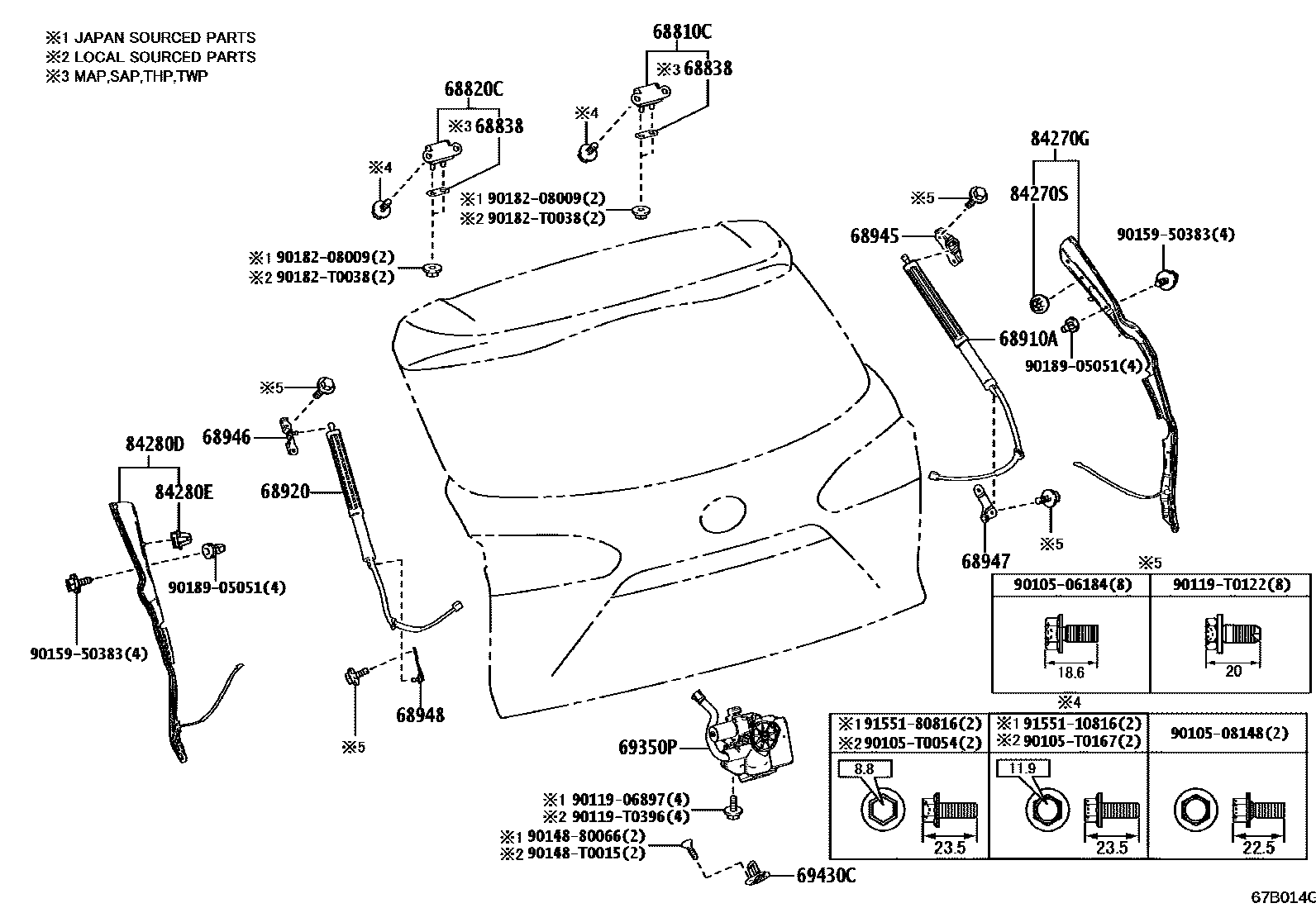 Toyota COROLLA 背门锁和背门把手 EPC diagram — 67B014G