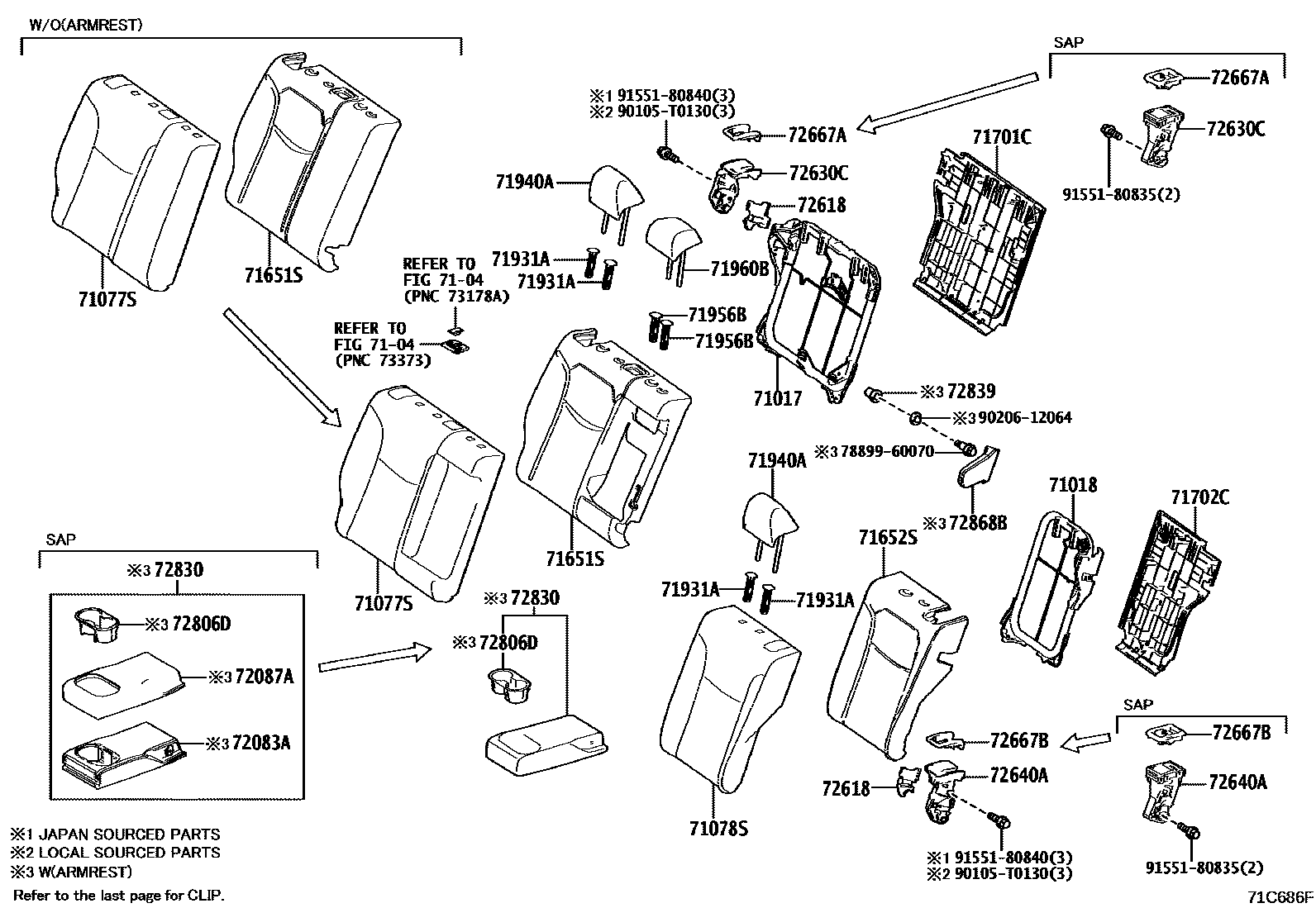 Toyota COROLLA 后排座椅和座椅滑轨 EPC diagram — 71C686F