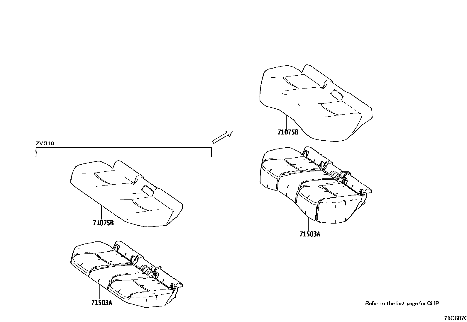 Toyota COROLLA 后排座椅和座椅滑轨 EPC diagram — 71C687C