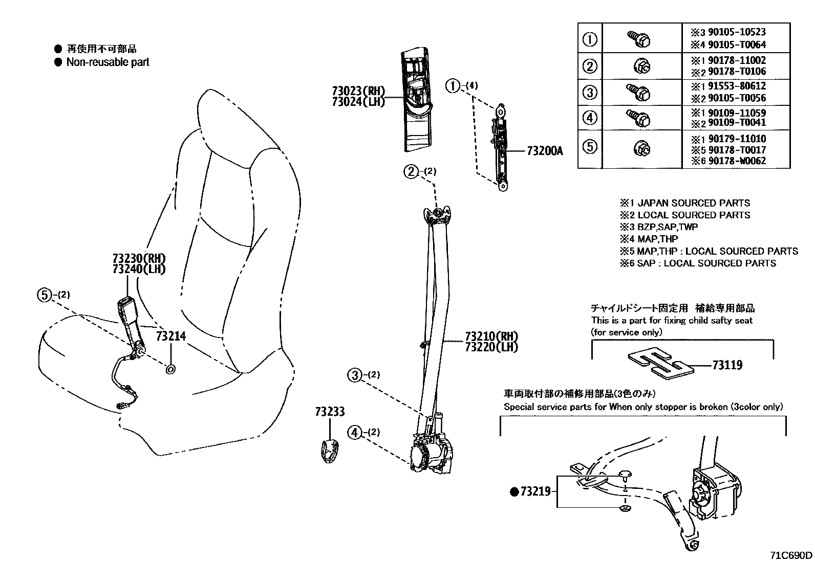 Toyota COROLLA 安全带和儿童保护座椅 EPC diagram — 71C690D