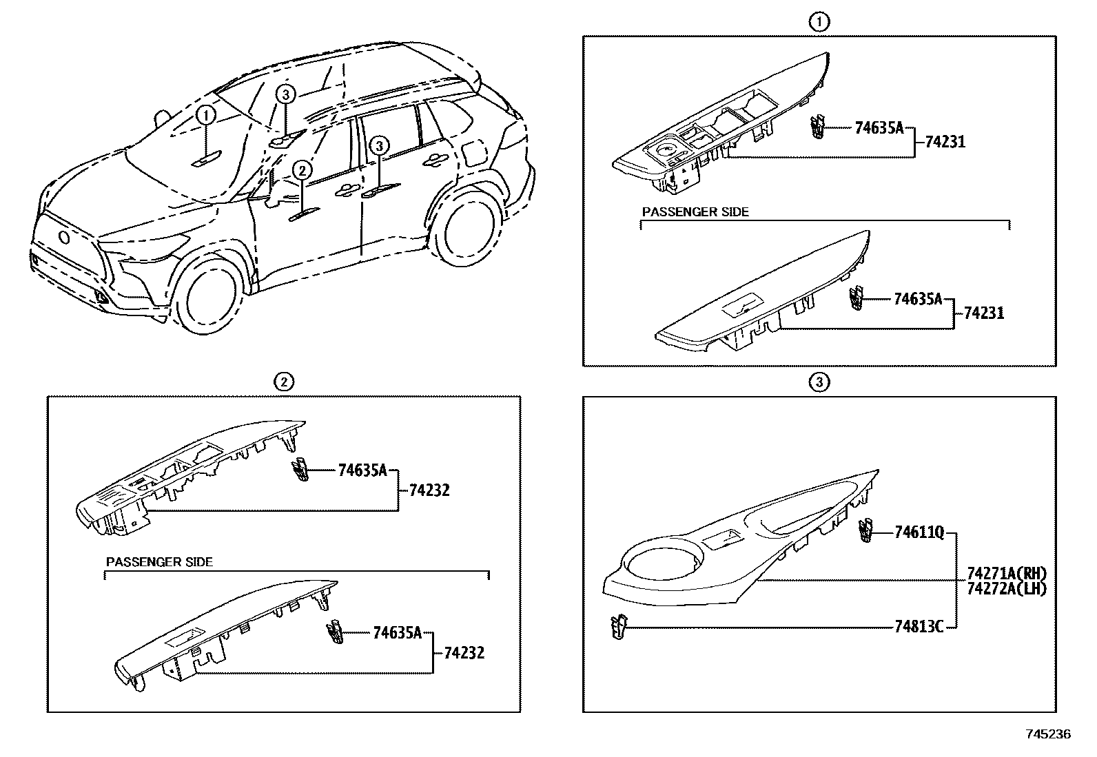 Toyota COROLLA 扶手和遮阳板 EPC diagram — 745236