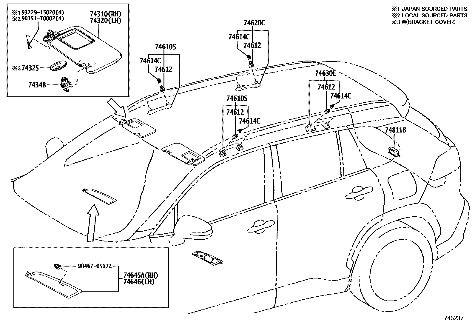 Toyota COROLLA 扶手和遮阳板 EPC diagram — 745237
