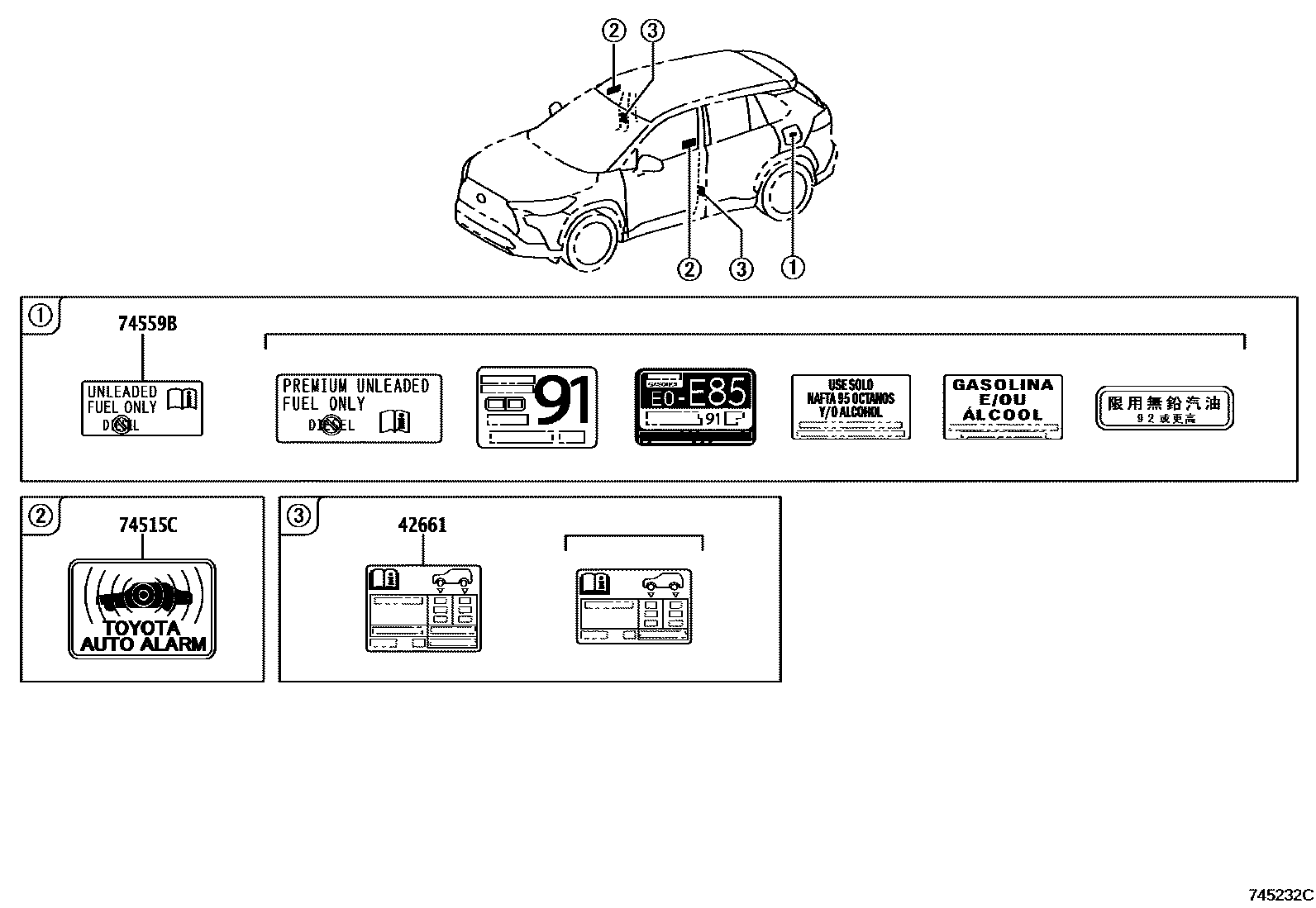 Toyota COROLLA 警示铭牌(车外和车内) EPC diagram — 745232C
