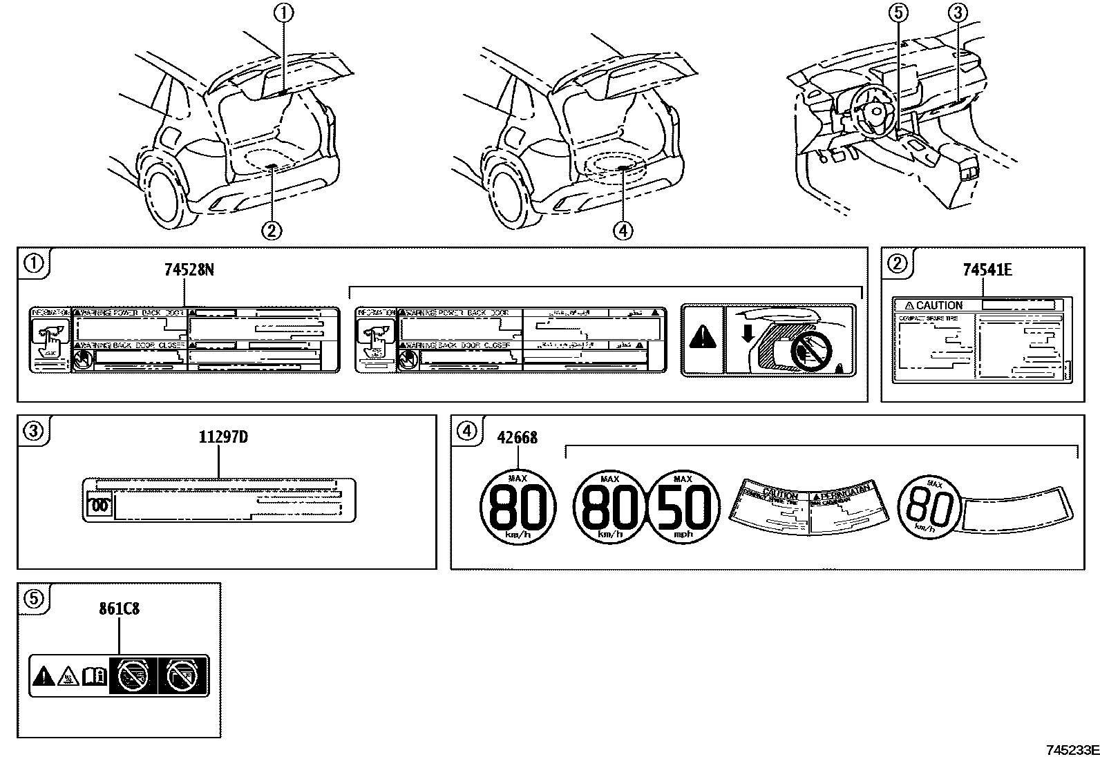 Toyota COROLLA 警示铭牌(车外和车内) EPC diagram — 745233E