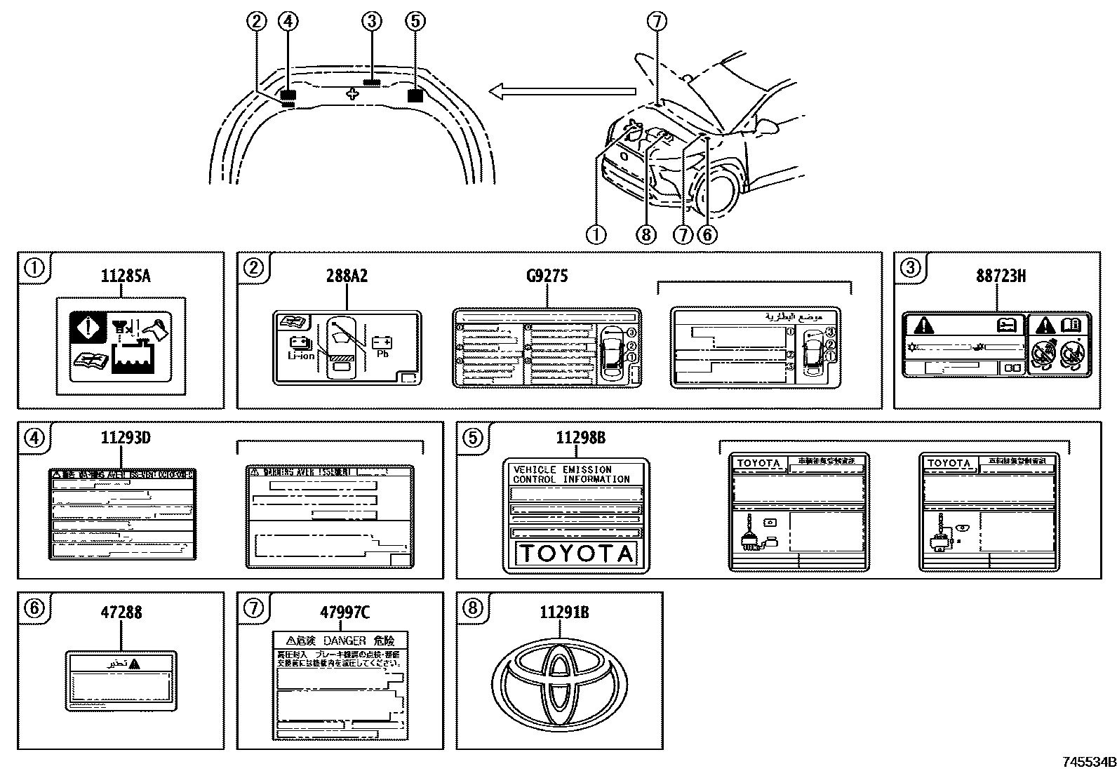 Toyota COROLLA 警示铭牌(车外和车内) EPC diagram — 745534B