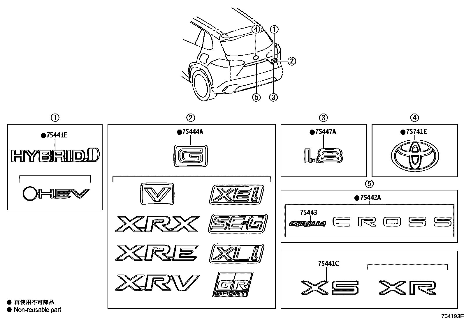 Toyota COROLLA 丰田徽标和铭牌(车外和车内) EPC diagram — 754193E