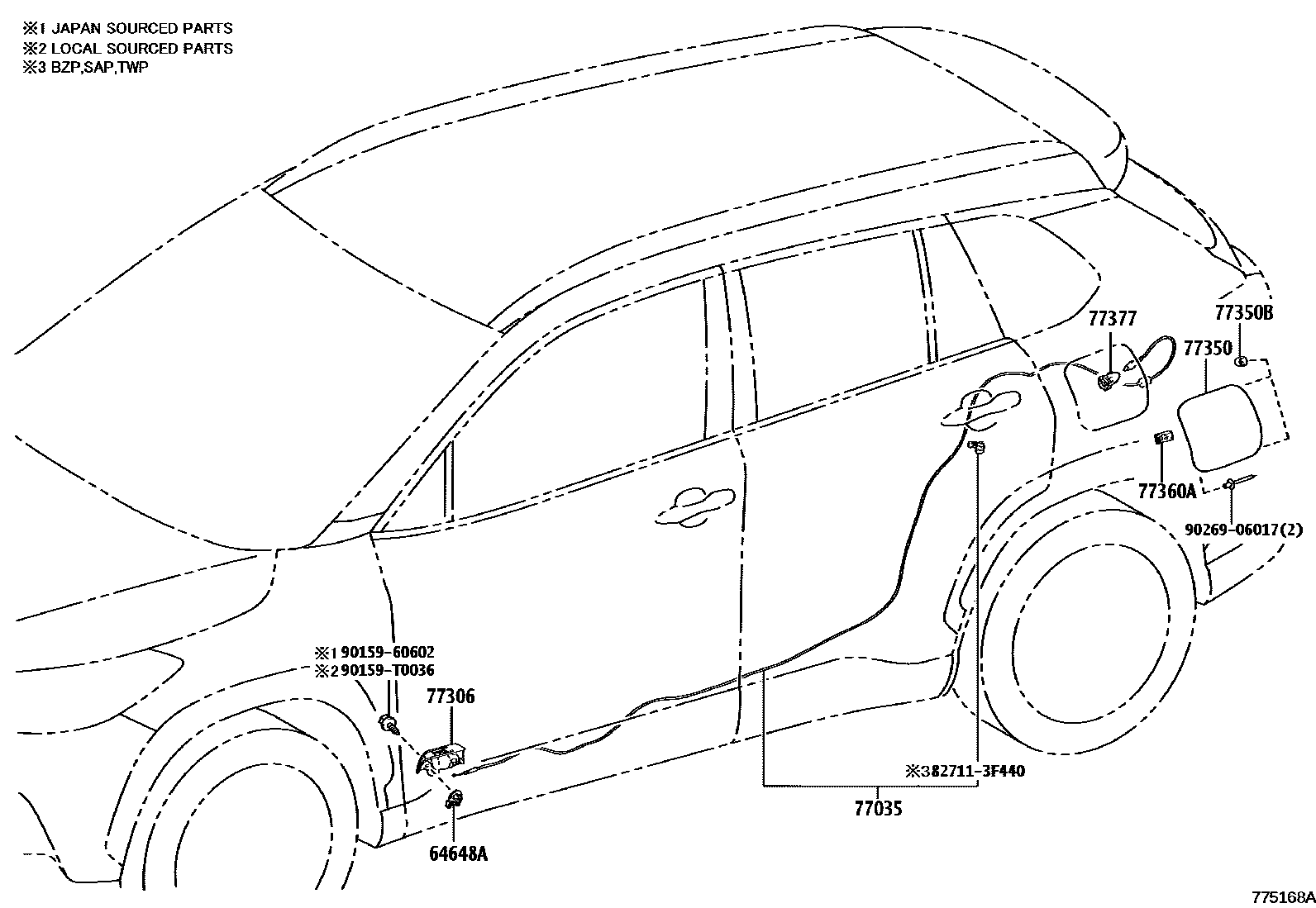 Toyota COROLLA 燃油箱和燃油管 EPC diagram — 775168A