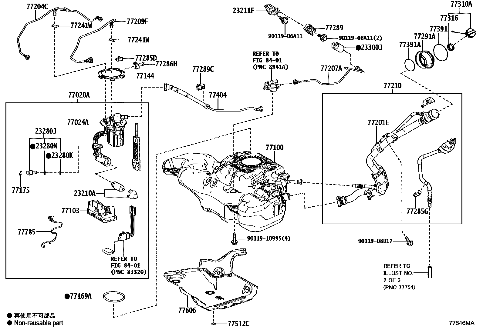 Toyota COROLLA 燃油箱和燃油管 EPC diagram — 77646MA