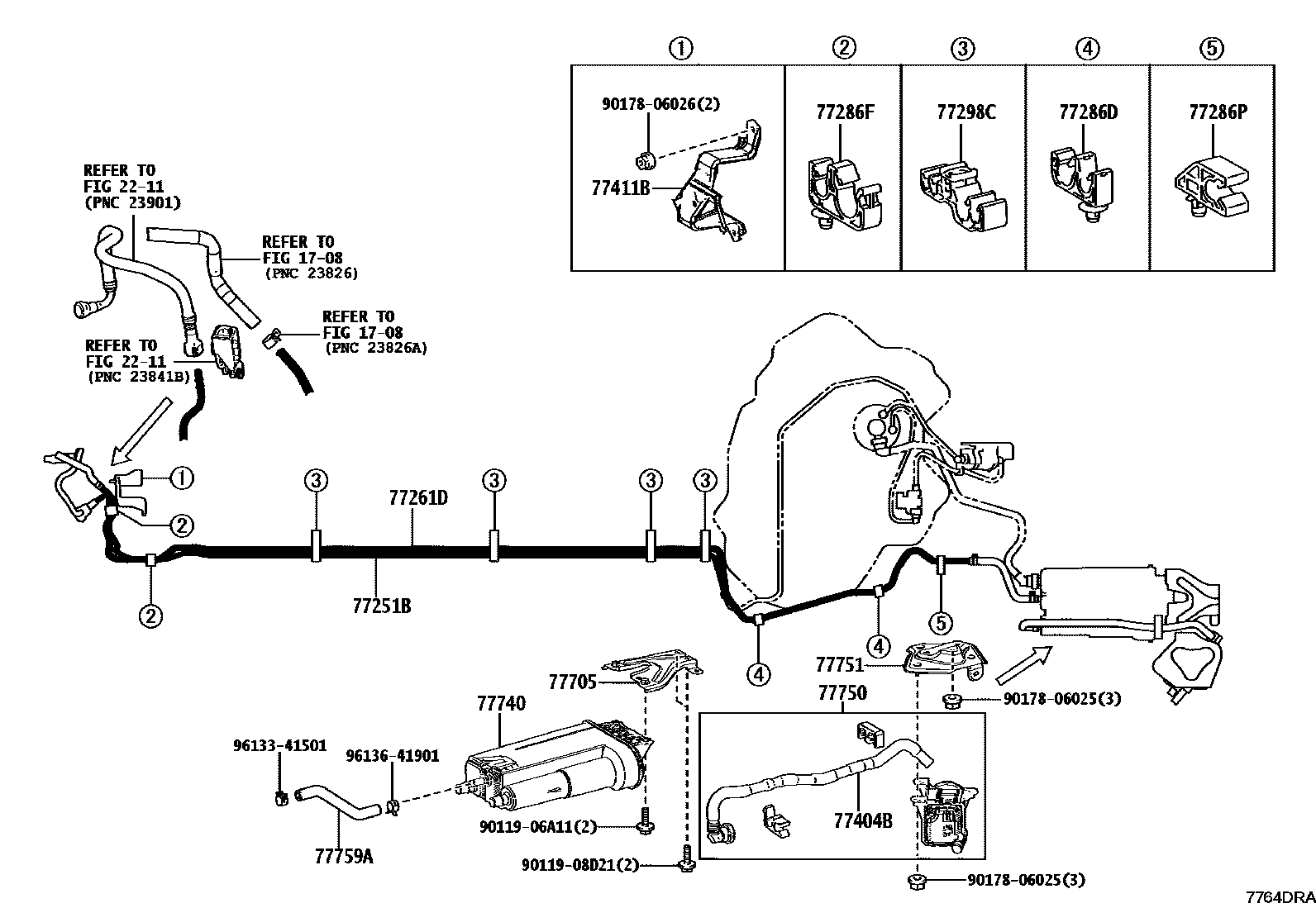 Toyota COROLLA 燃油箱和燃油管 EPC diagram — 7764DRA
