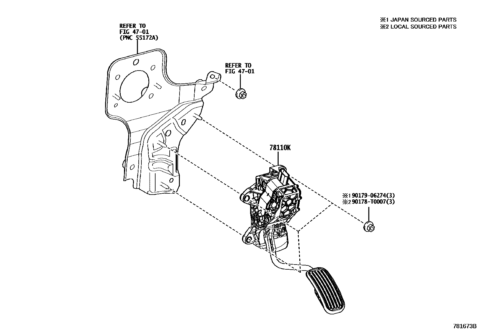 Toyota COROLLA accelerator pedal connecting rod EPC diagram — 781673B